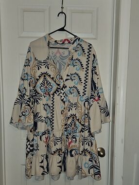Boutique Boho Cream Printed Tiered Mini Dress